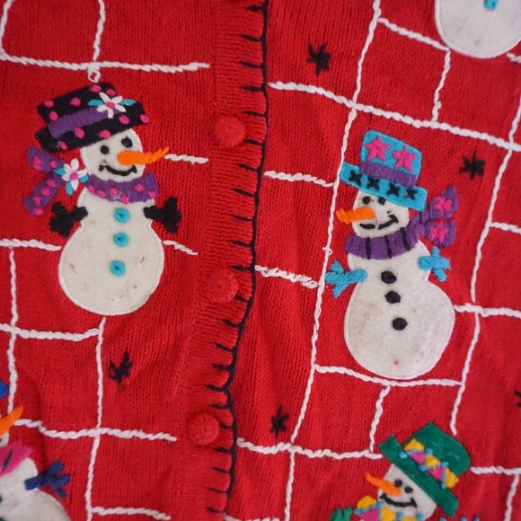 Vintage Victoria Jones Red Cotton Vest Snowmen Holiday Festive Cabincore XL - Picture 6 of 9